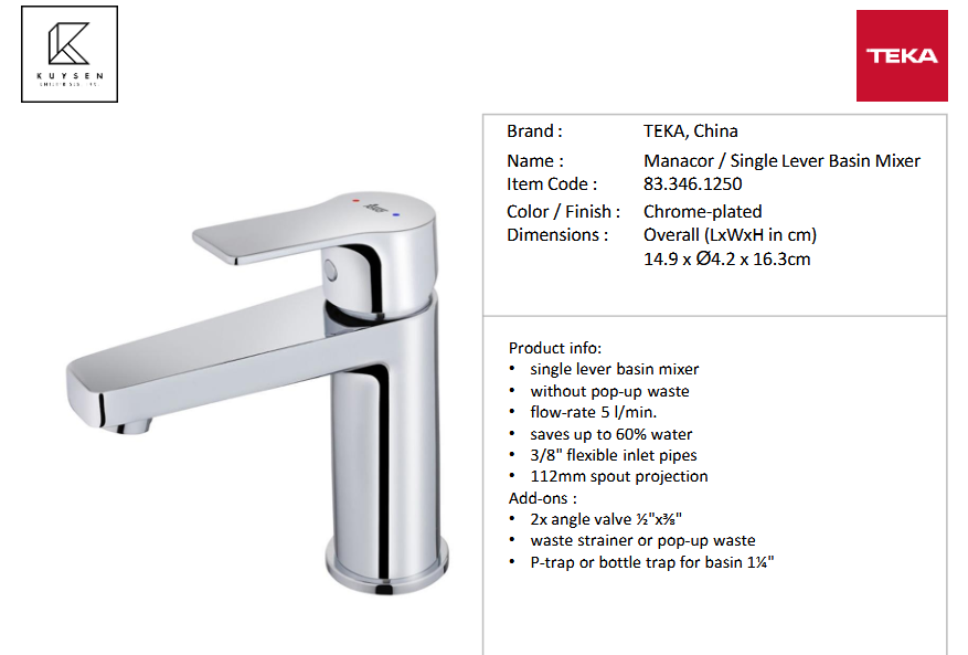 Teka Manacor basin mixer with 3/8" hoses without pop up waste 84.346.1250