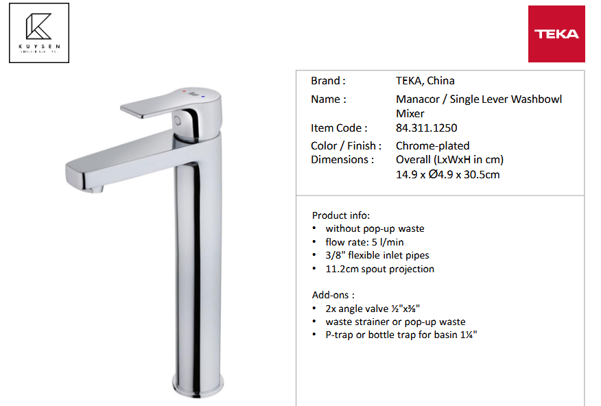 Teka Manacor basin mixer XL with 3/8" hoses without pop up waste 84.311.1250