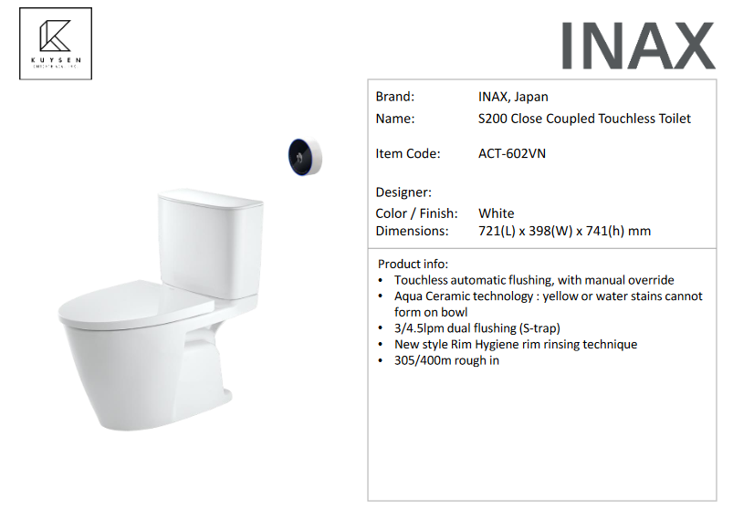 Inax S200 close coupled touchless toilet ACT602VN