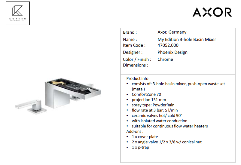 Axor My Edition 3-hole Basin Mixer, Chrome 47052.000