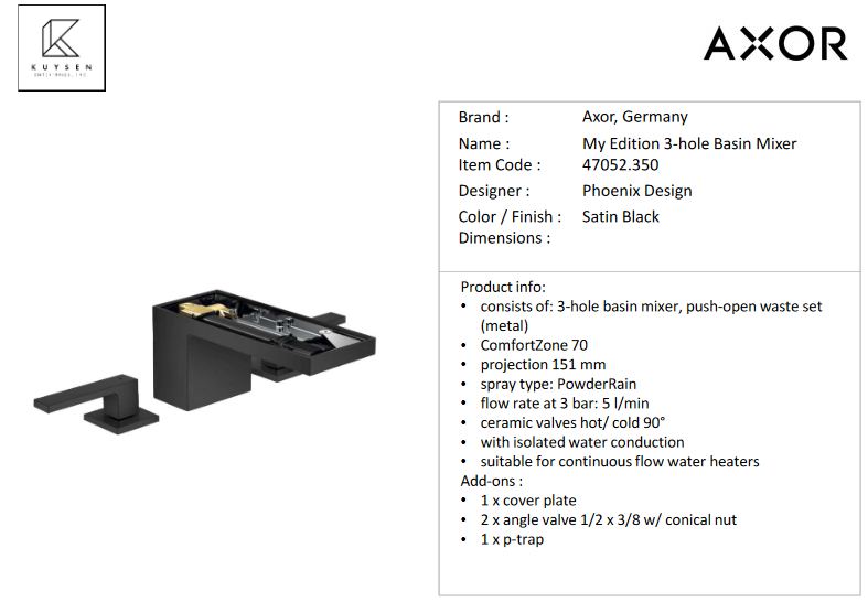 Axor My Edition 3-hole Basin Mixer, Satin Black 47052.350.