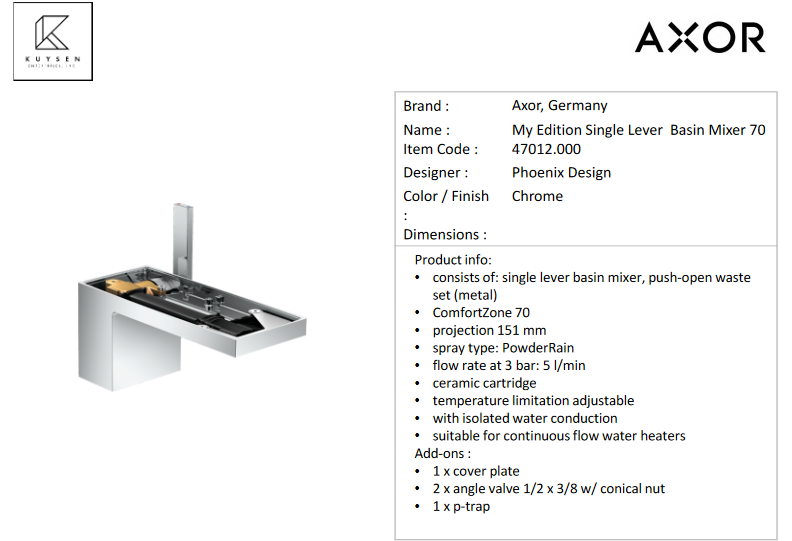 Axor My Edition Single Lever Basin Mixer 70, Chrome 47012.000