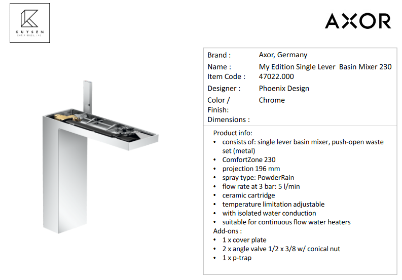 Axor My Edition Single Lever Basin Mixer, Chrome 47022.000