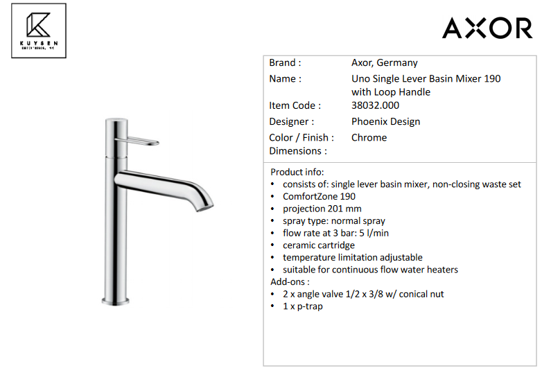 Axor Uno Loop Single Lever Basin Mixer 190, Chrome 38032.000