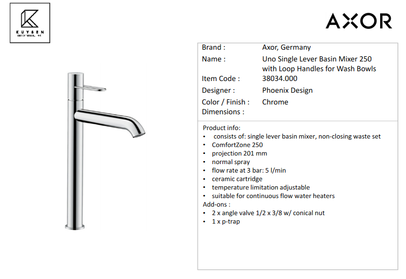 Axor Uno Loop Single Lever Basin Mixer 250, Chrome 38034.000