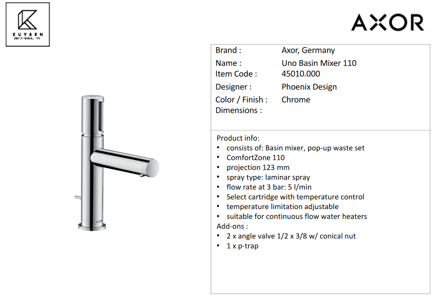 Axor Uno Select / Zero Select Basin Mixer 110, Chrome 45010.000