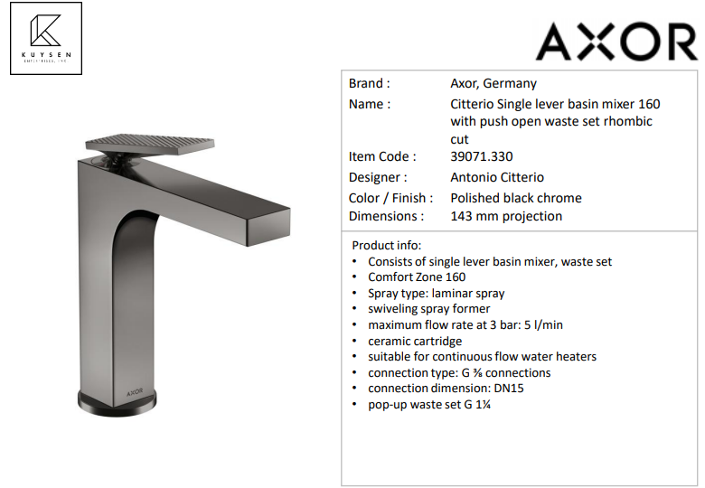 Axor Citterio basin mixer small 160 rhombic Polished black chrome 39071.330