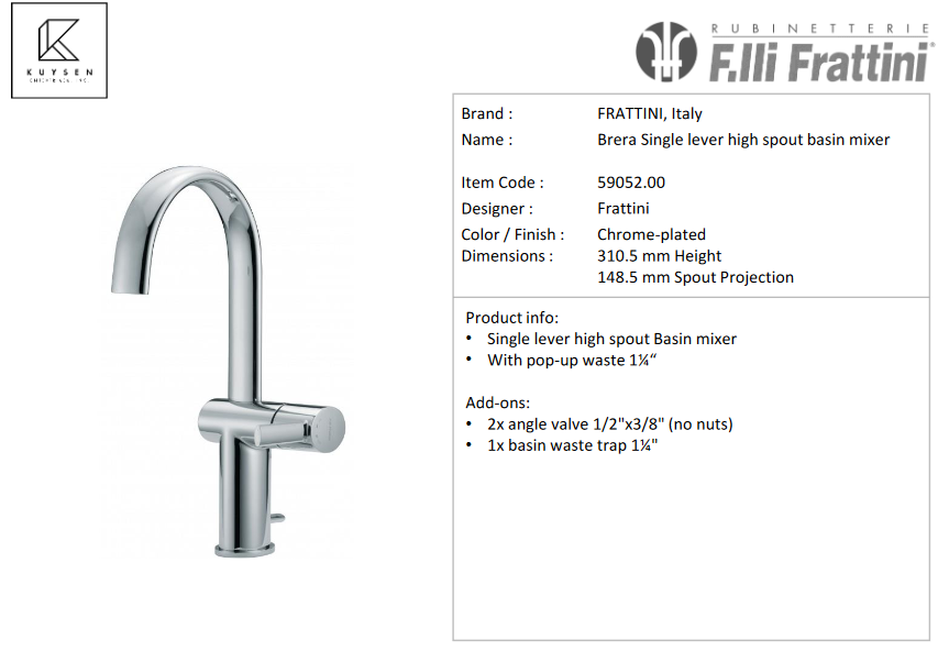 Frattini Brera Basin Mixer High Spout 59052.00