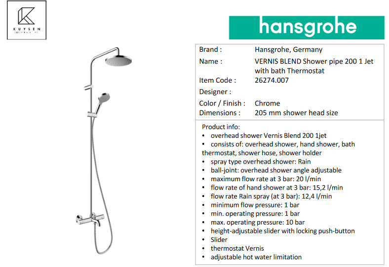 Hansgrohe VERNIS BLEND Shower pipe 200 1 Jet with bath Thermostat 26274.007