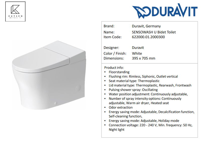 Duravit SensoWash U Bidet Toilet 622000.01.2000300