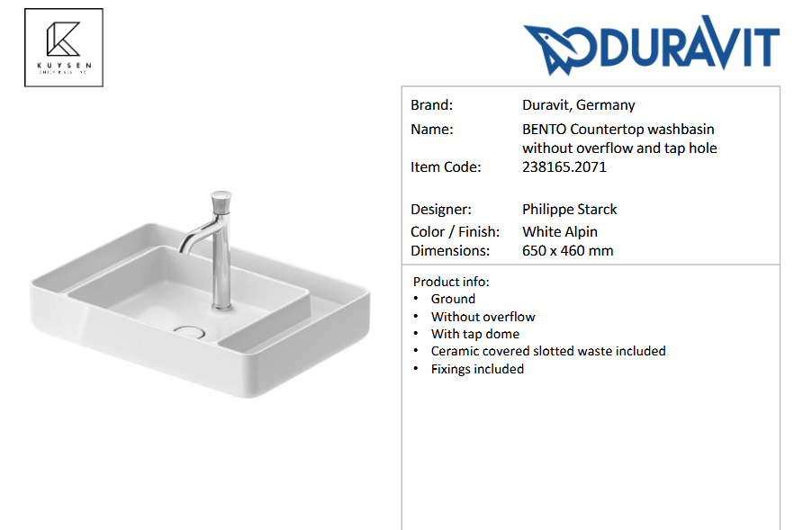 Duravit Bento countertop basin 650x460mm 238165.2071