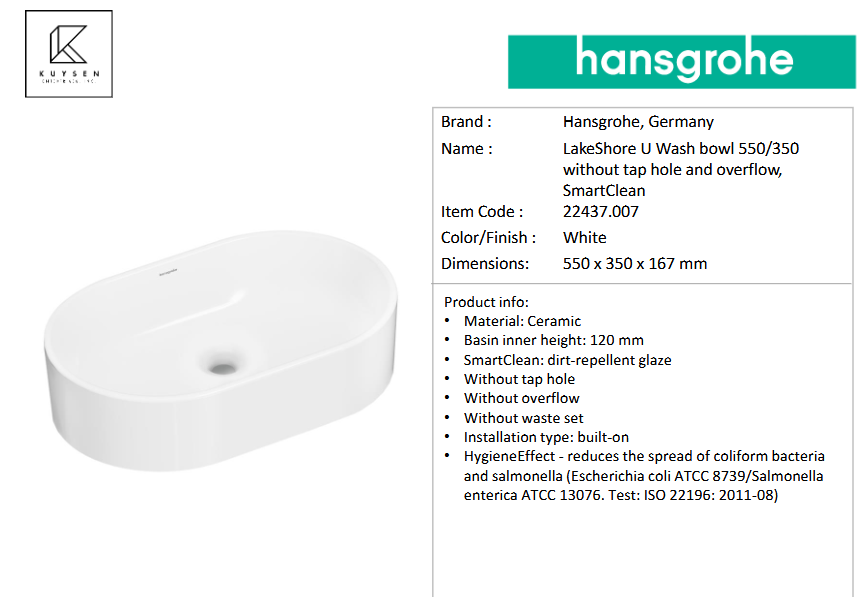 Hansgrohe LakeShore U washbowl 550/350 22437.007