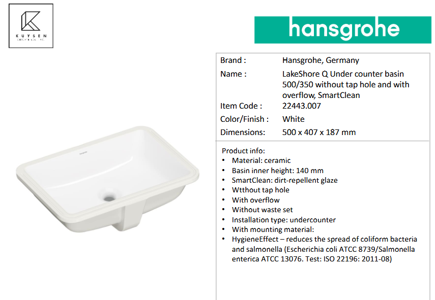 Hansgrohe LakeShore Q undercounter basin 22443.007