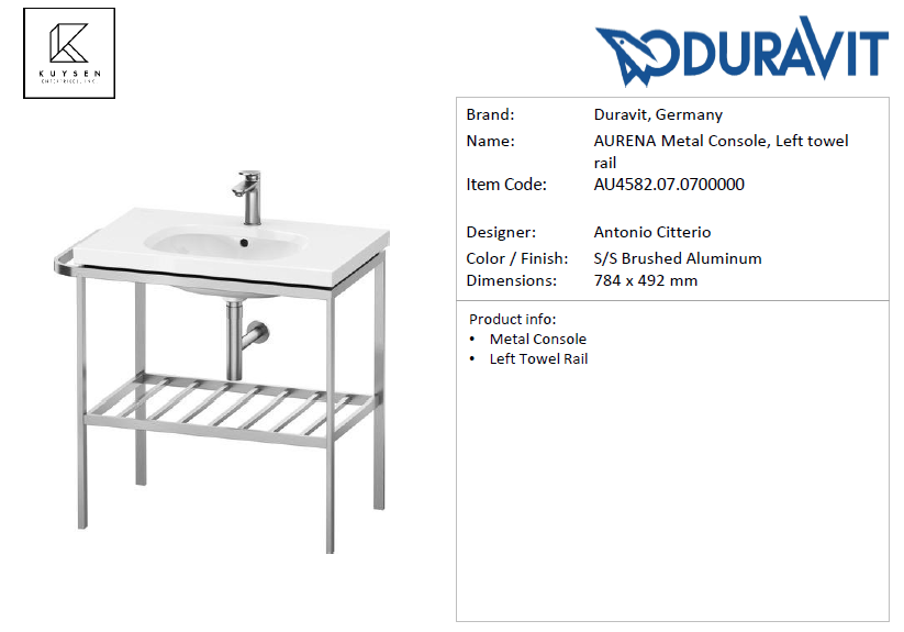 Duravit AURENA Metal Console, Left towel rail AU4582.07.0700000 + 238780.AA00