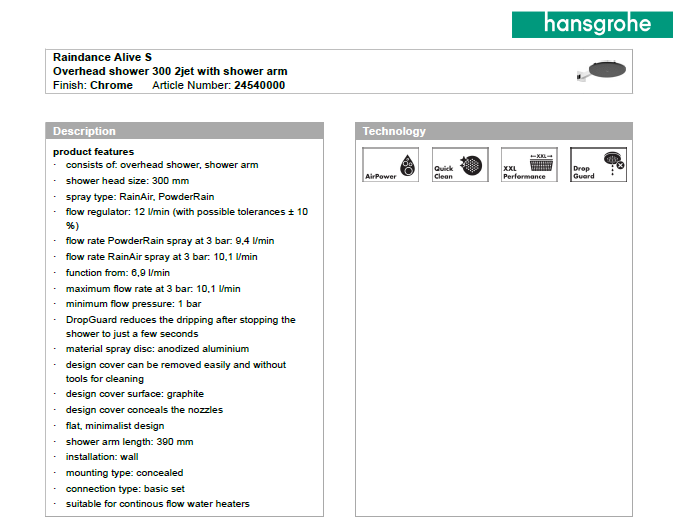 Hansgrohe Raindance Alive S overhead shower 300mm 2jet with arm 24540.000
