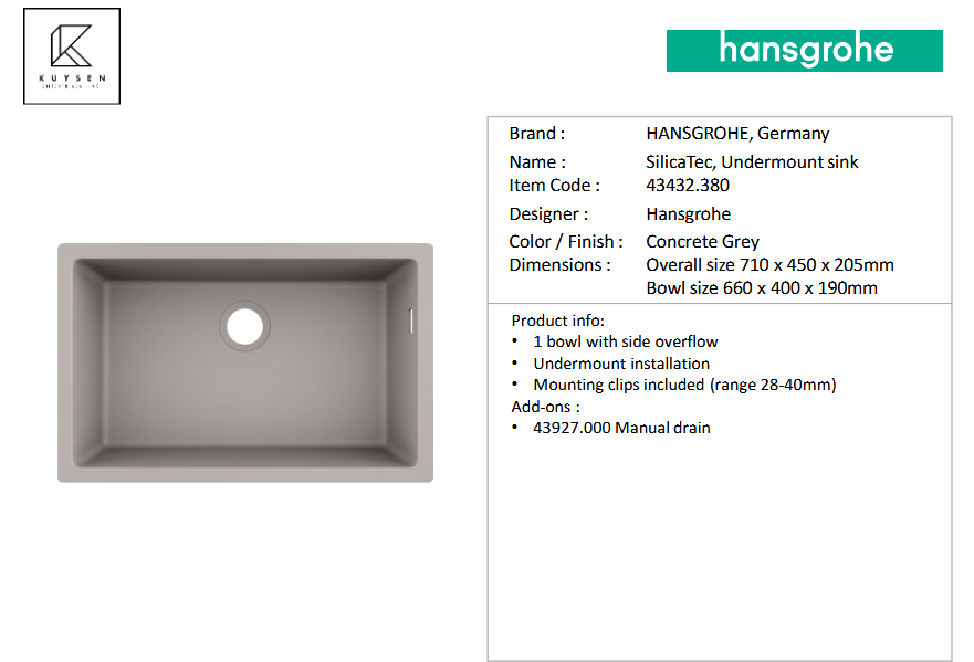 Hansgrohe SilicaTec Granite Sink  1 Bowl undermount sink 660 43432.380