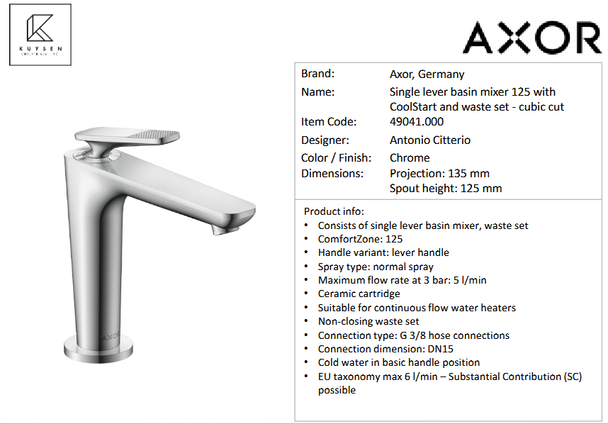 Axor Citterio C basin mixer125 coolstartcubic Chrome 49041.000