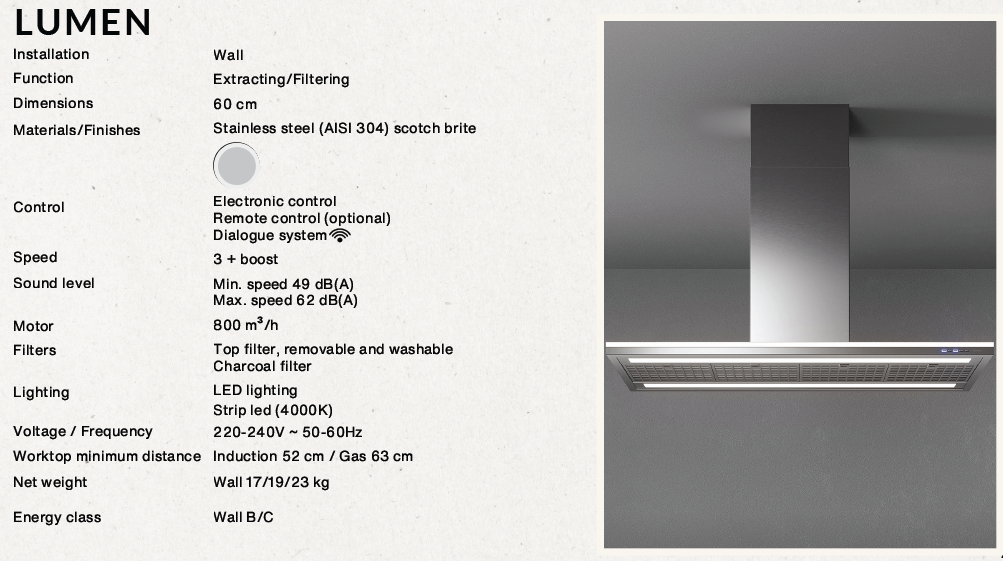 Falmec Lumen wall hood 60cm inox 800 m3/h