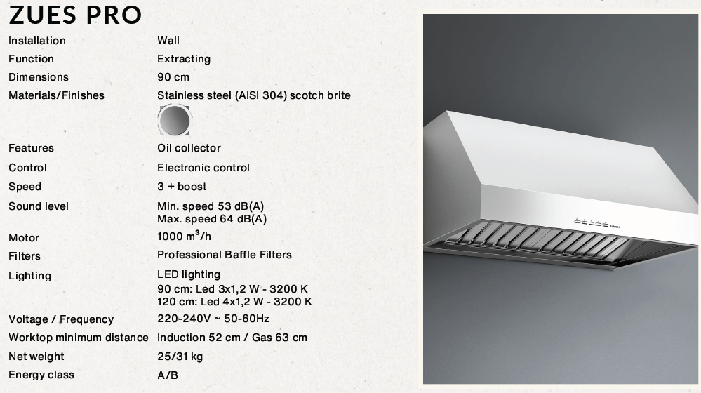 Falmec Zeus Pro wall hood 90cm inox 950 m3/h