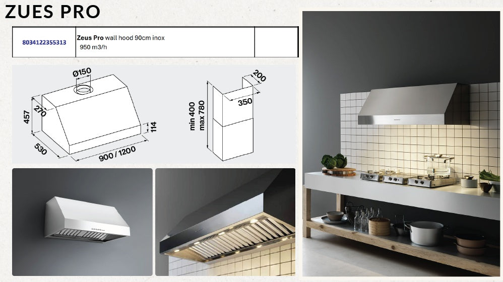 Falmec Zeus Pro wall hood 90cm inox 950 m3/h