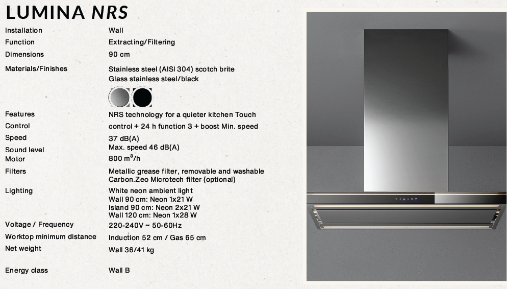 Falmec Lumina NRS wall hood 90cm inox 800 m3/h