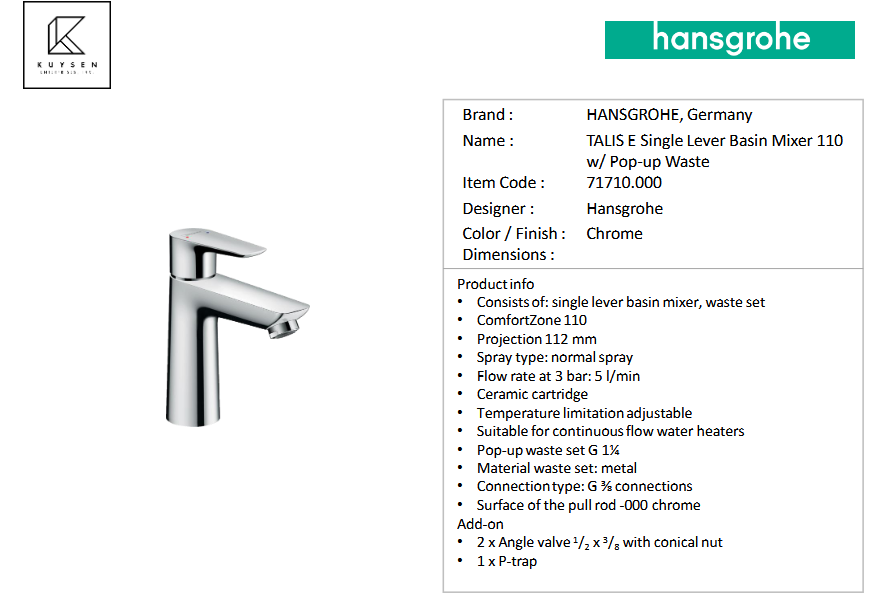 Hansgrohe Talis E Basin mixer 110 with pull rod waste set 71710.000