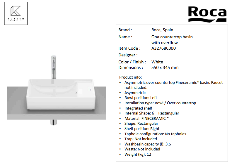 Roca ONA countertop basin with overflow A32768C000
