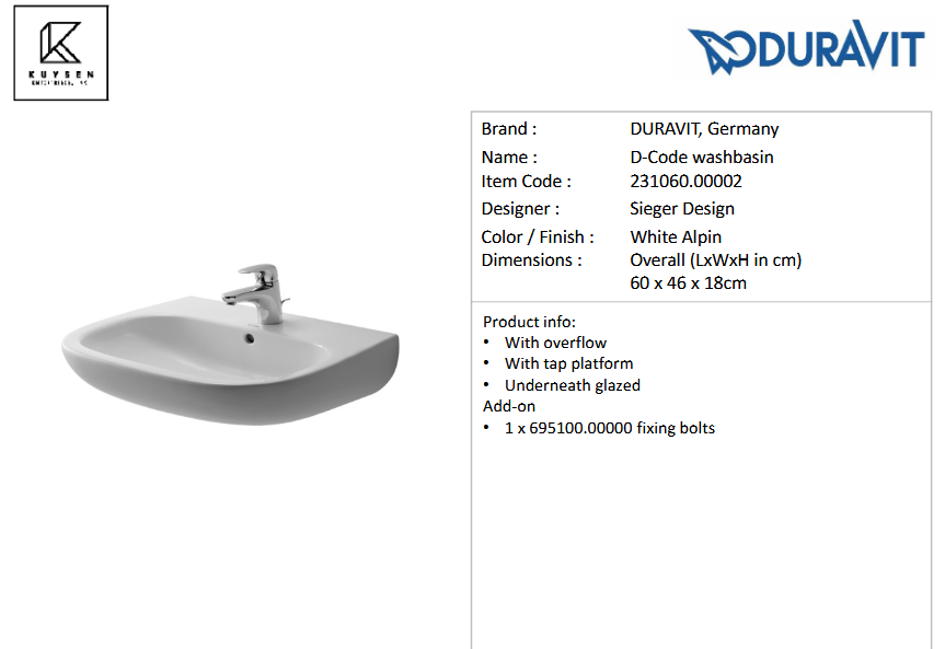 Duravit D-Code Wall Hung Basin 231060.00002  + 695100.0000