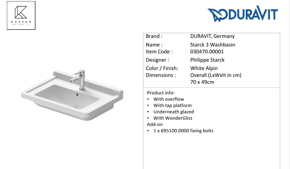 Duravit Stark 3 Washbasin with Pedestal 030470.00001