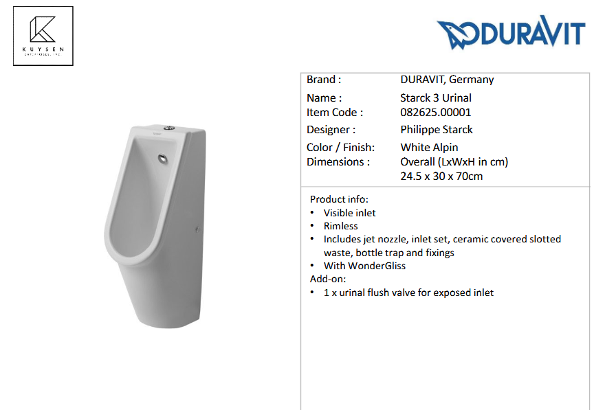 Duravit Philippe Stark 3 Visible Inlet Urinal with Nozzle