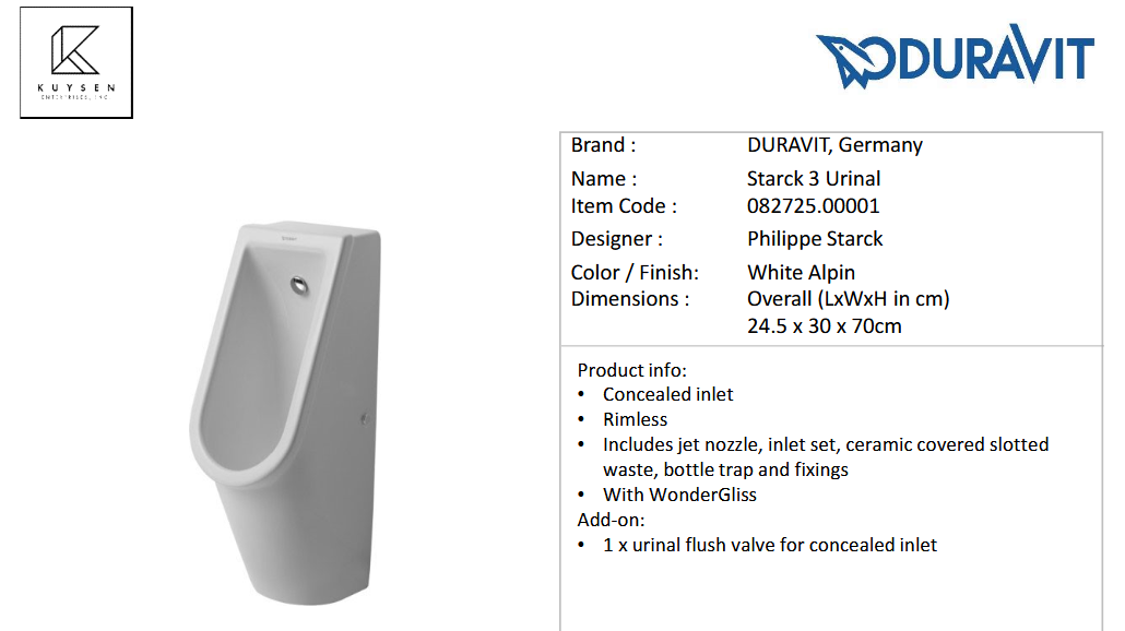 Duravit Philippe Stark 3 Concealed Inlet Urinal with nozzle