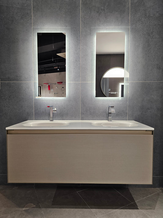 Artelinea +SKIN wall mounted double basin unit + washbasin black opalite bianco finish + ZEN mirror with LED