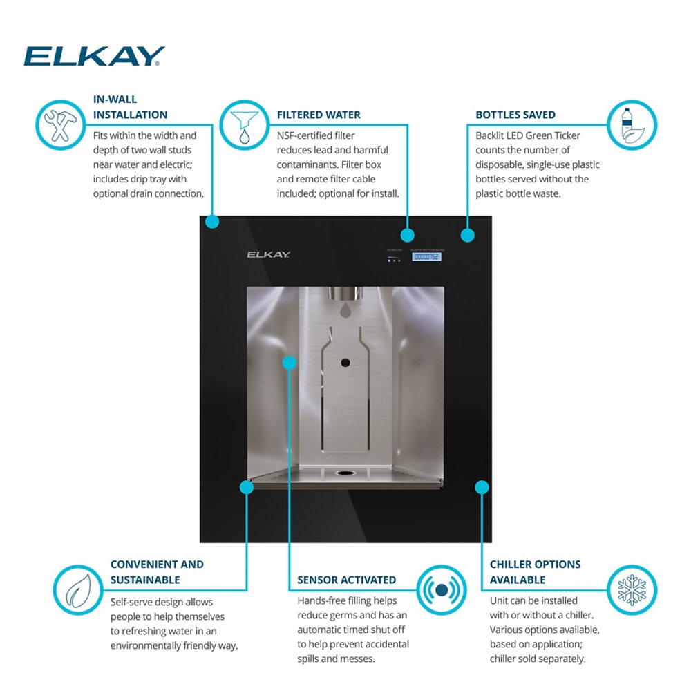 Elkay ezH2O Liv® Pro In-wall Commercial Filtered Water Dispenser Non-refrigerated 220-240V Midnight Black