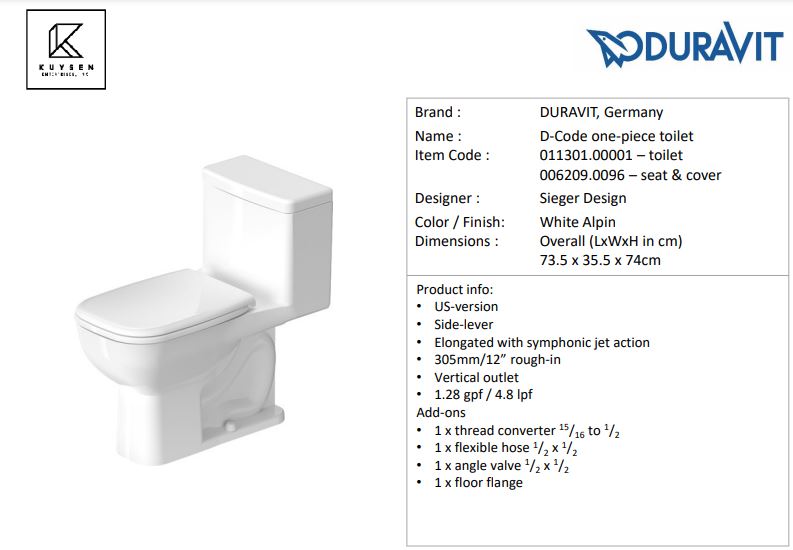 Duravit D-Code 1PC Elongated U.S. Type Toilet 011301.0001